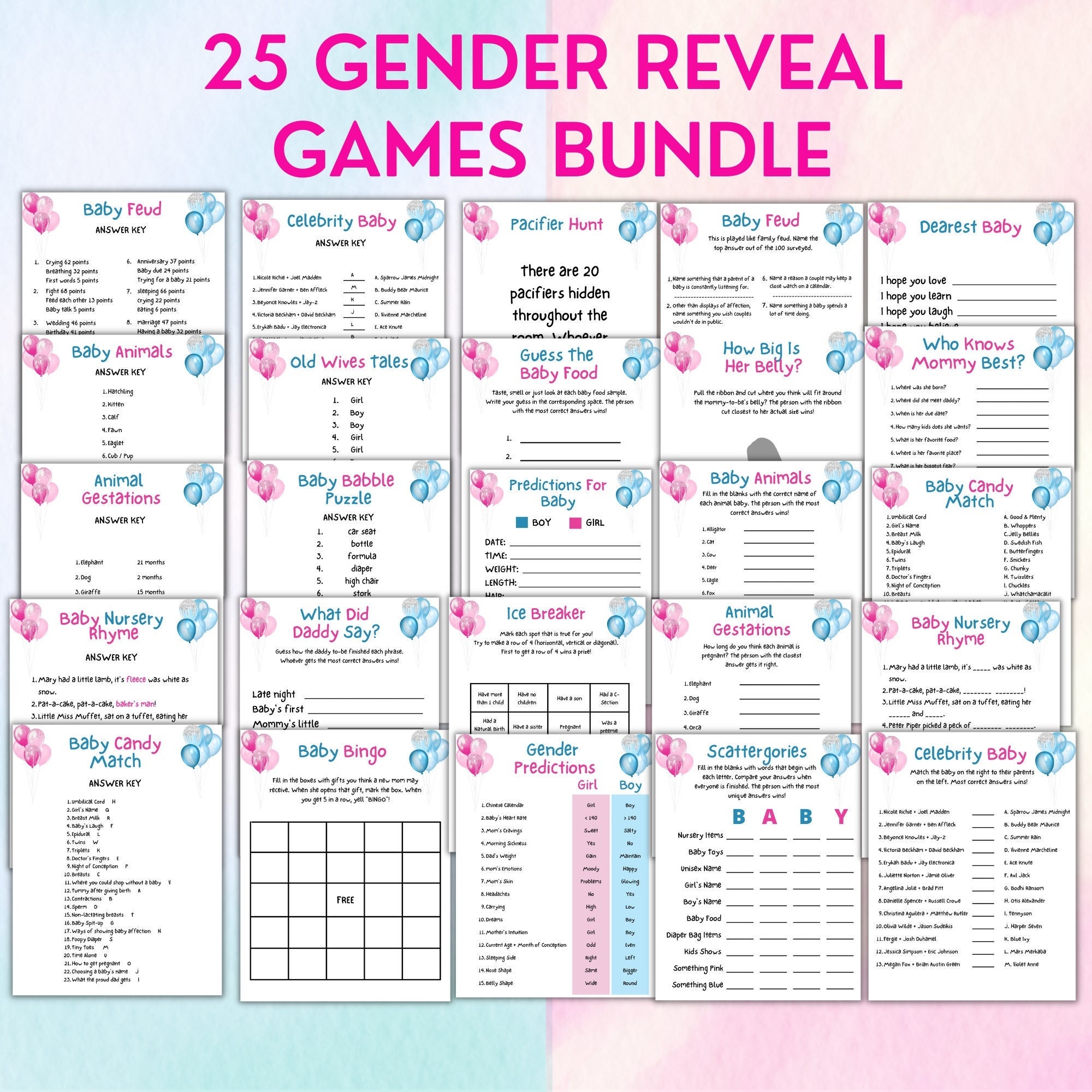 25 Gender Reveal Games Printable Gender Reveal Party Games Baby Shower Games Gender Reveal Shower Games Gender Reveal Ideas Etsy