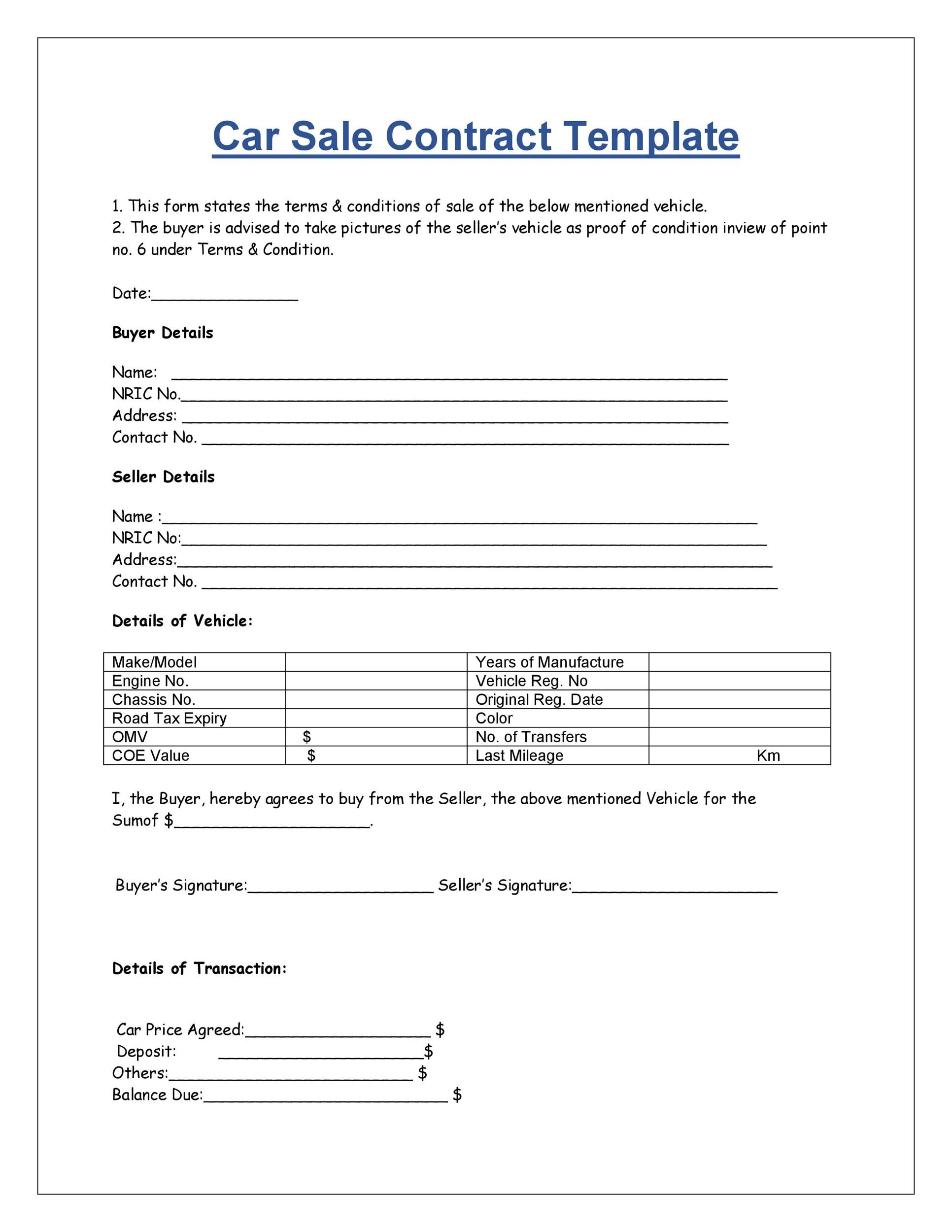 Free Printable Car Purchase Agreement Template