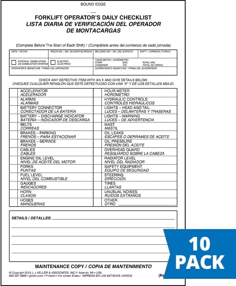 Amazon Forklift Operator Daily Checklist 10 pk Bilingual Book Format With 31 Sets 2 Ply Carbonless 5 5 X 8 5 Safety Maintenance Forklift Checklist Inspection Book J J Keller Associates Inc Office Products