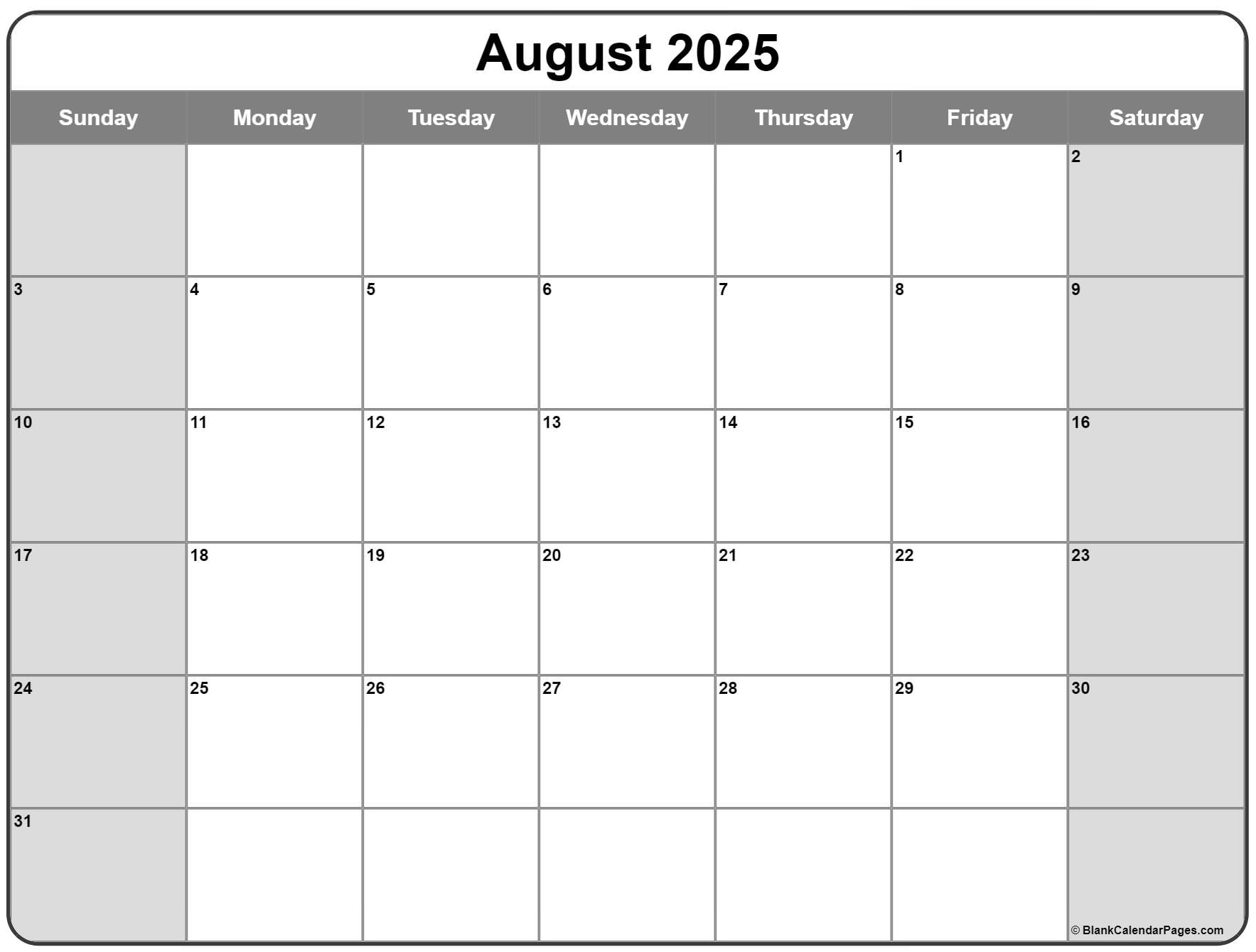 August 2025 Calendar Free Printable Calendars