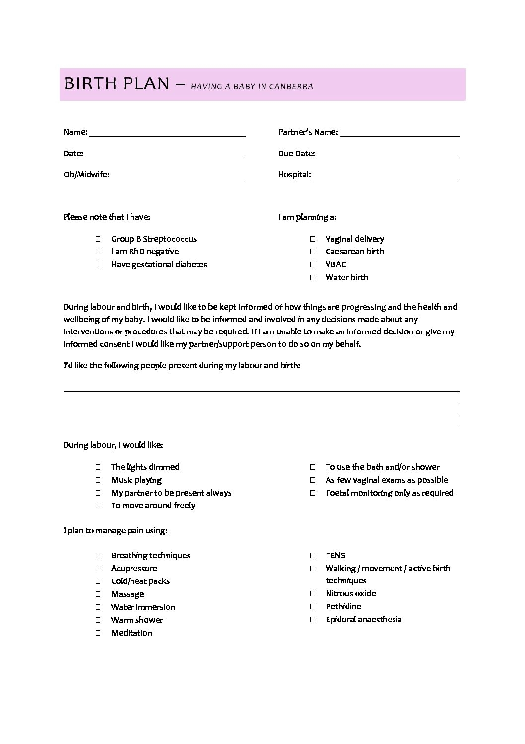 Printable Birth Plan Template Free Pdf