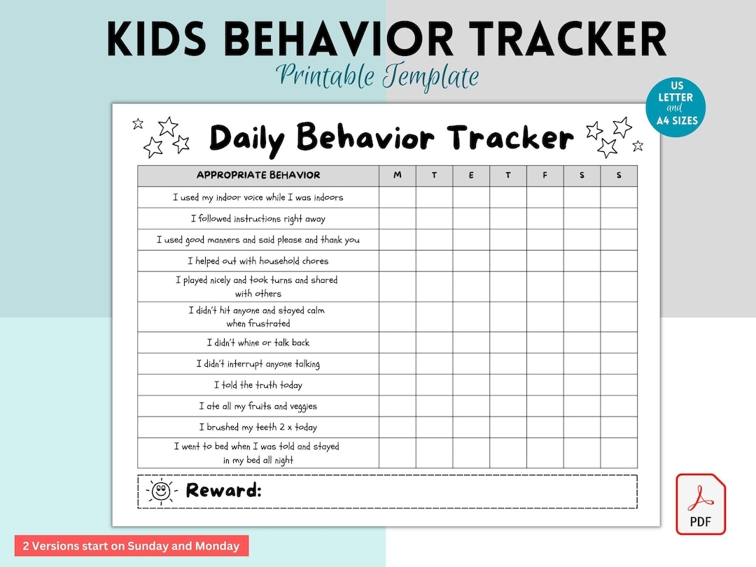 Daily Behavior Chart For Kids Printable Good Behavior Tracking Children Behavior Chart Kid s Reward Chart Chore Checklist Etsy