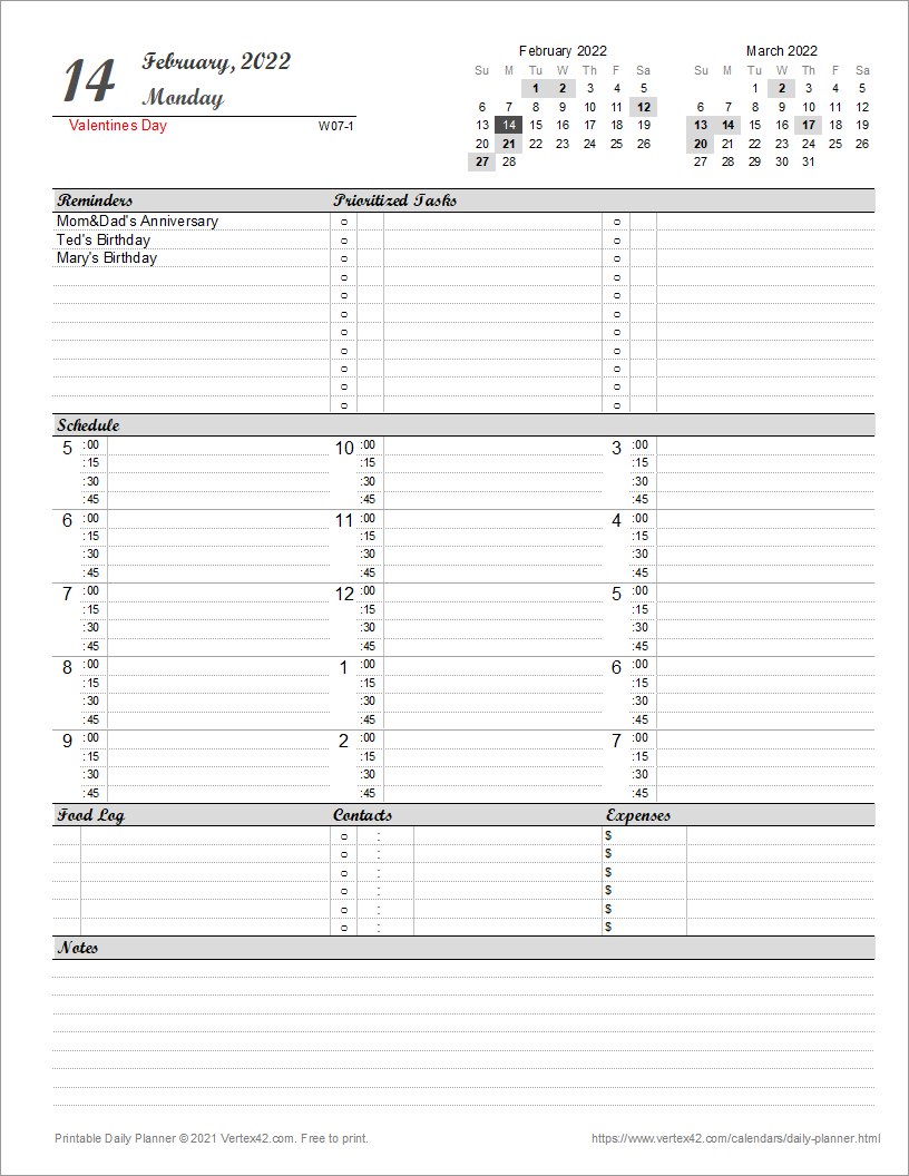 Daily Calendar Template Printable