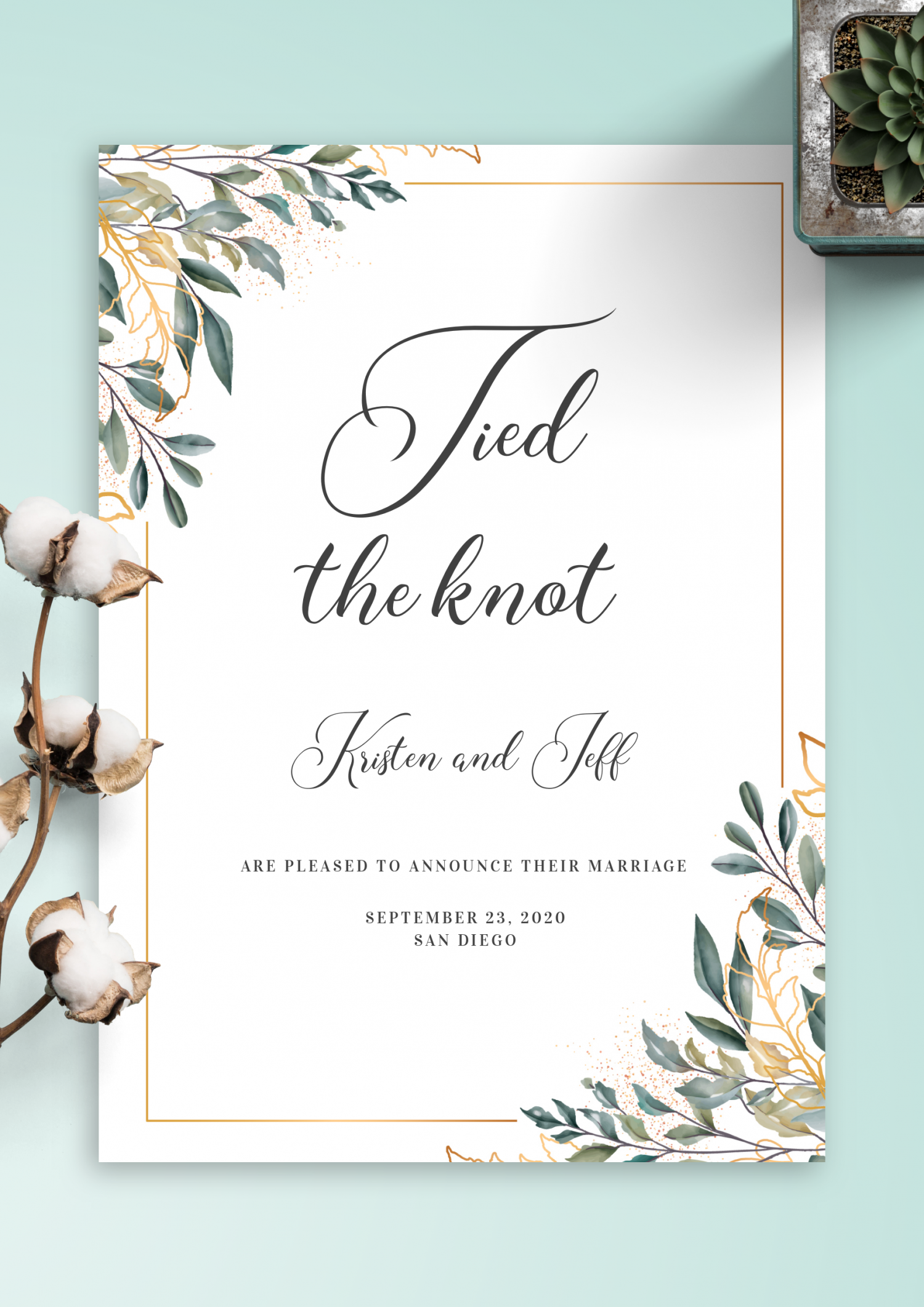 Download Printable Golden Leaves Wedding Announcement PDF