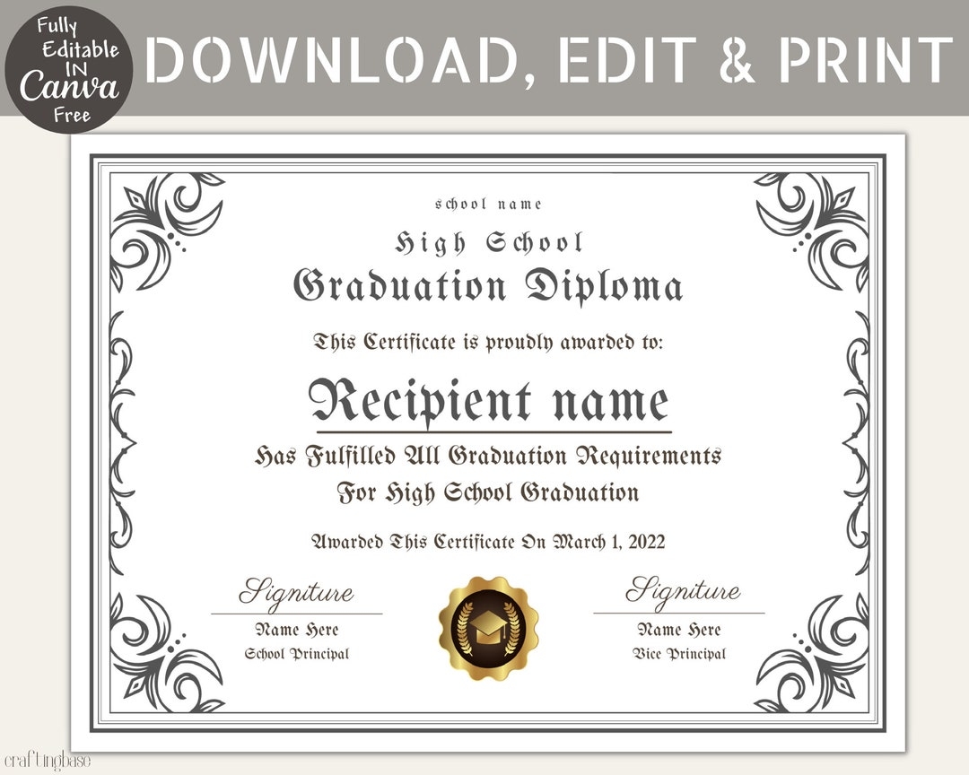 Editable High School Diploma Template Diploma Certificate Canva Template Keepsake For Students Personalized Canva Templates Etsy