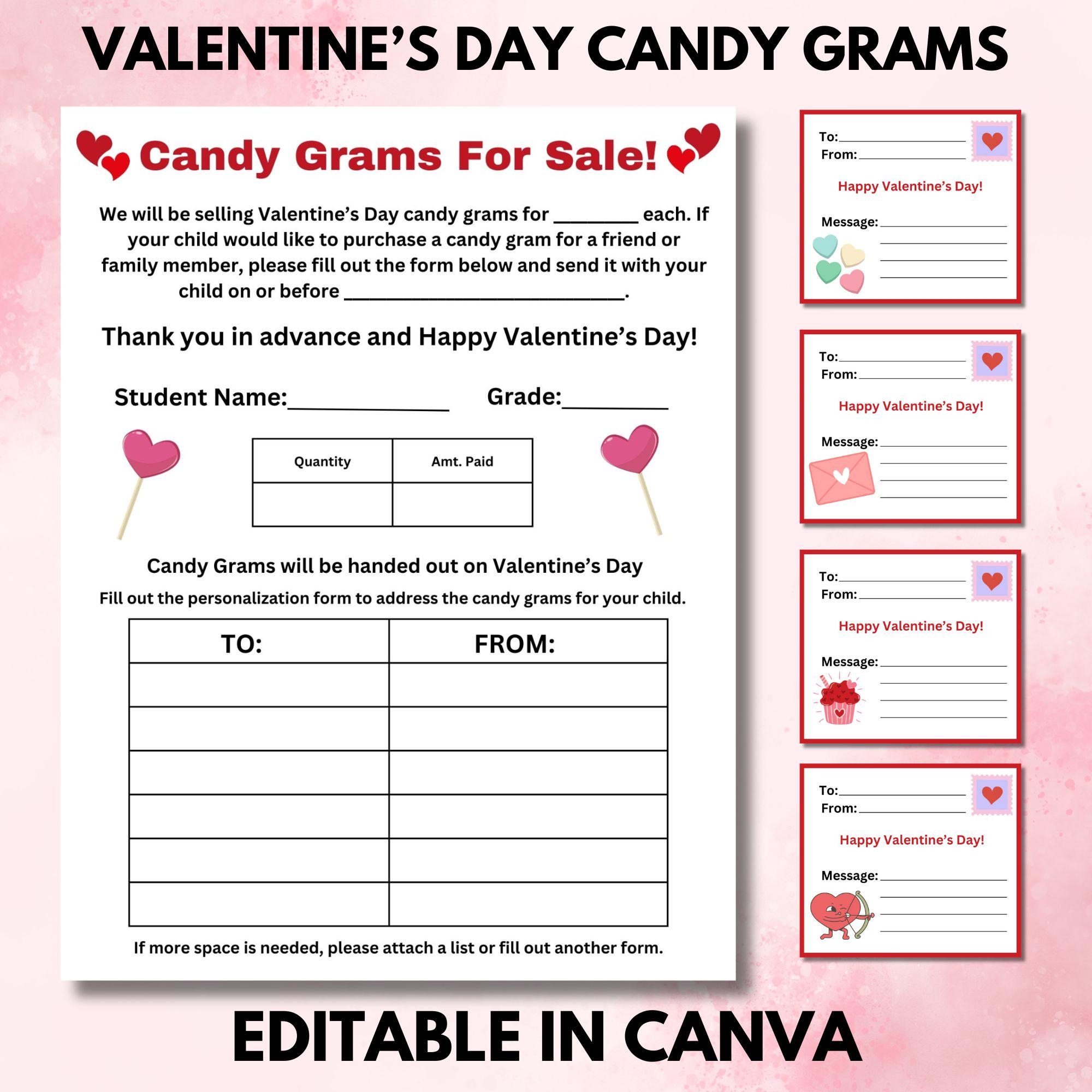 Editable Valentines Day Candy Gram Printable Lollipop Candy Gram For Fundraiser Template For School Church Dance PTA PTO Fundraiser Etsy