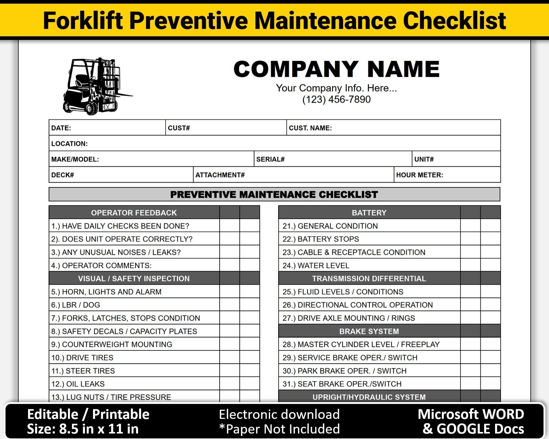 Electric Forklift Preventive Maintenance Checklist Printable Forklift Repair Service Inspection Checklist Editable Printable WORD Template Etsy