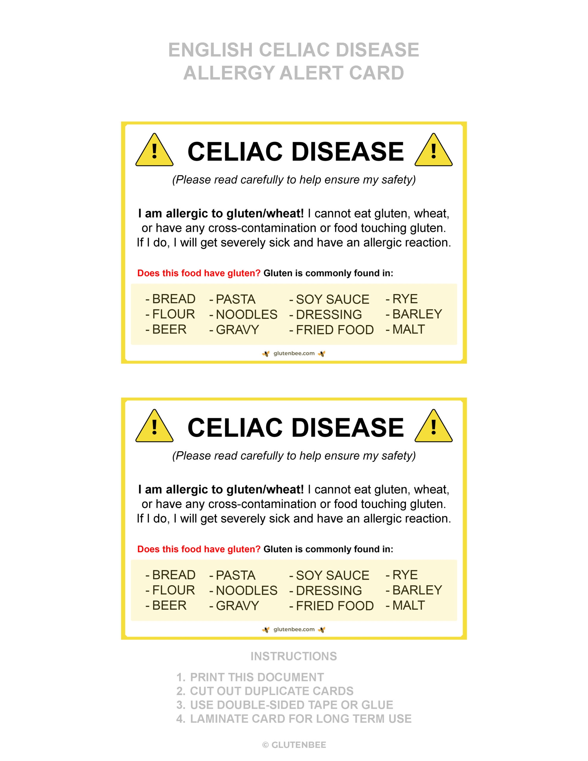 English Celiac Disease Printable Allergy Alert Card FilterGrade