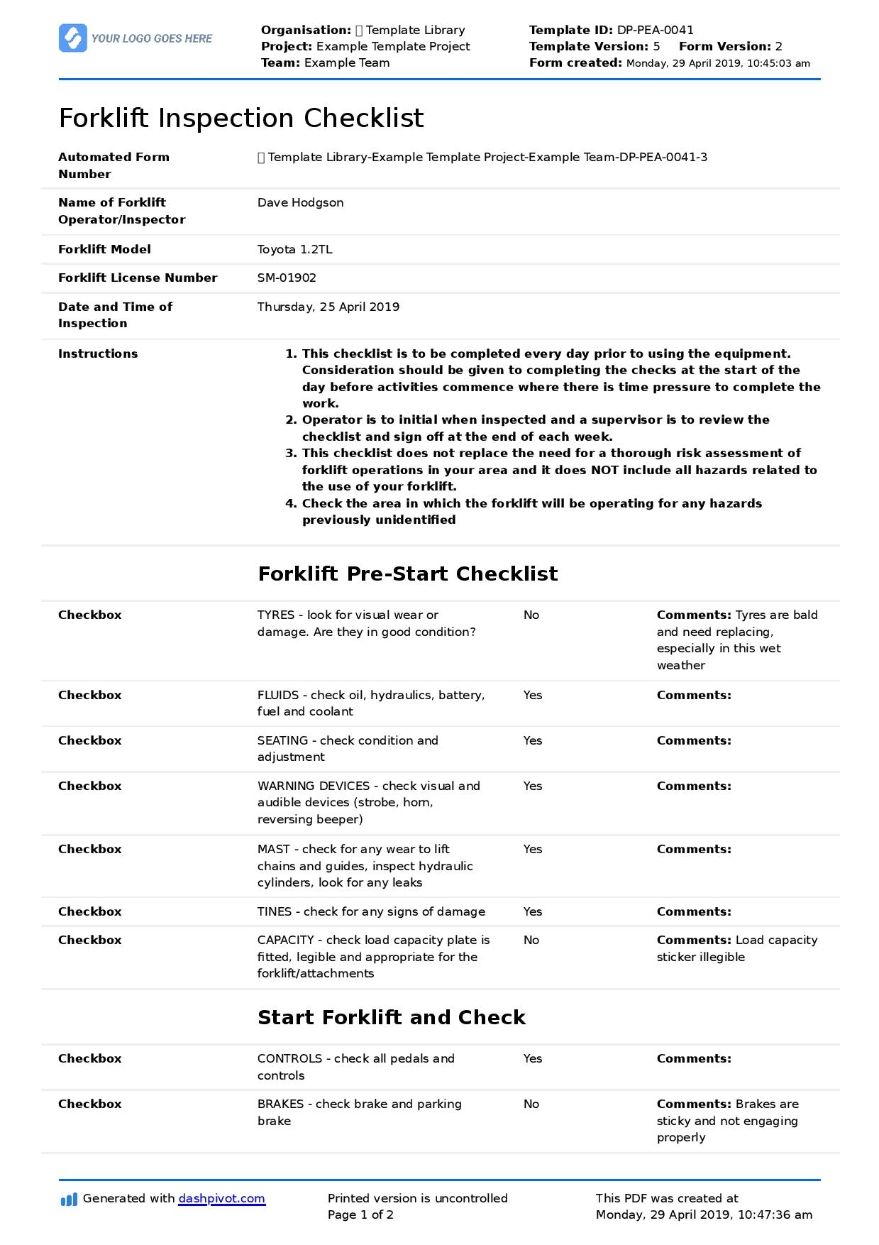 Forklift Inspection Checklist For Daily Pre use Safety Inspections 