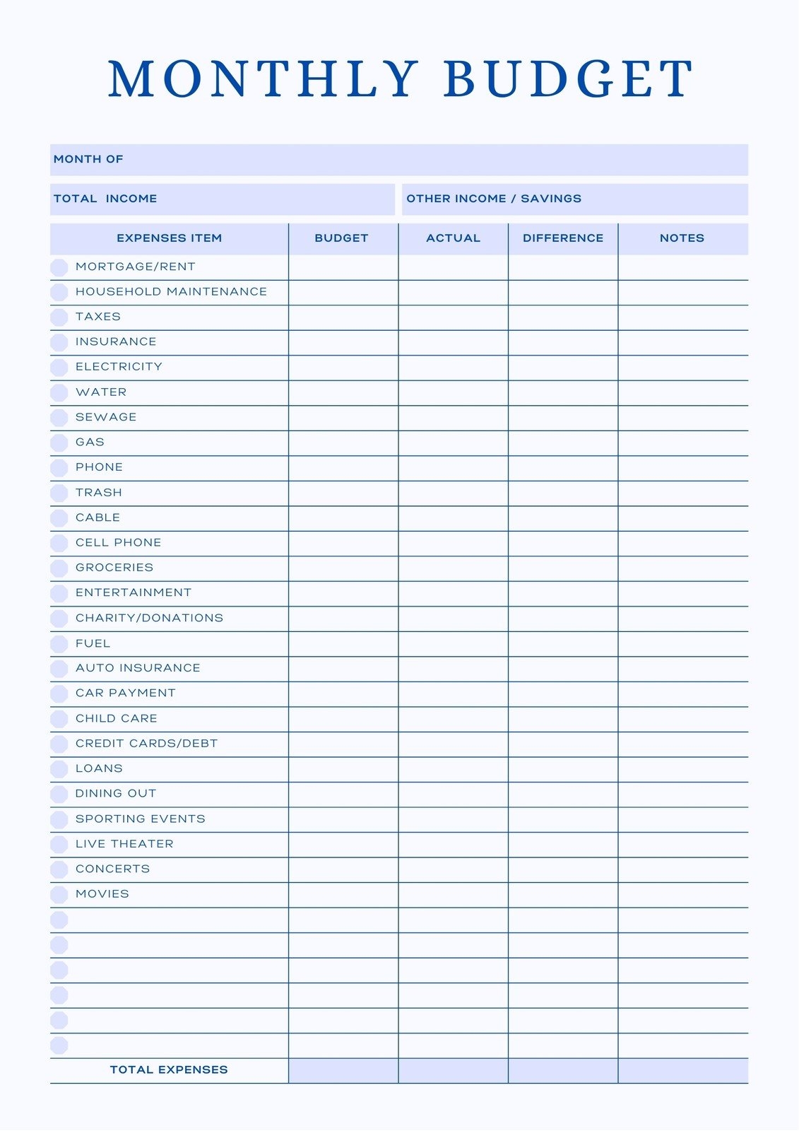 Free Printable Simple Monthly Budget Template