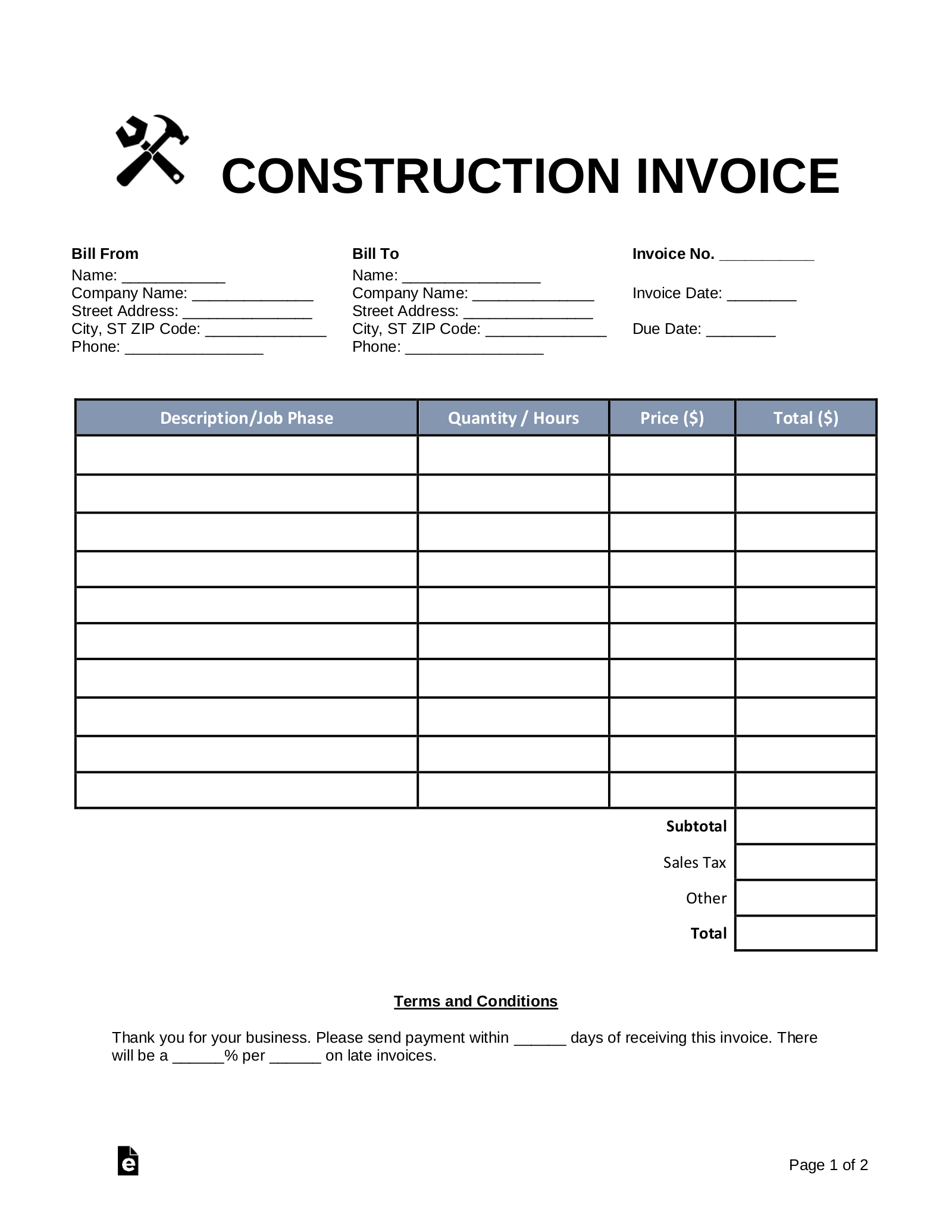 Free Blank Invoice Templates 30 PDF EForms
