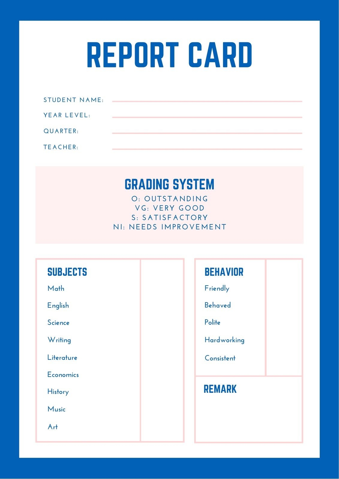 Free Printable Homeschool Report Card Template