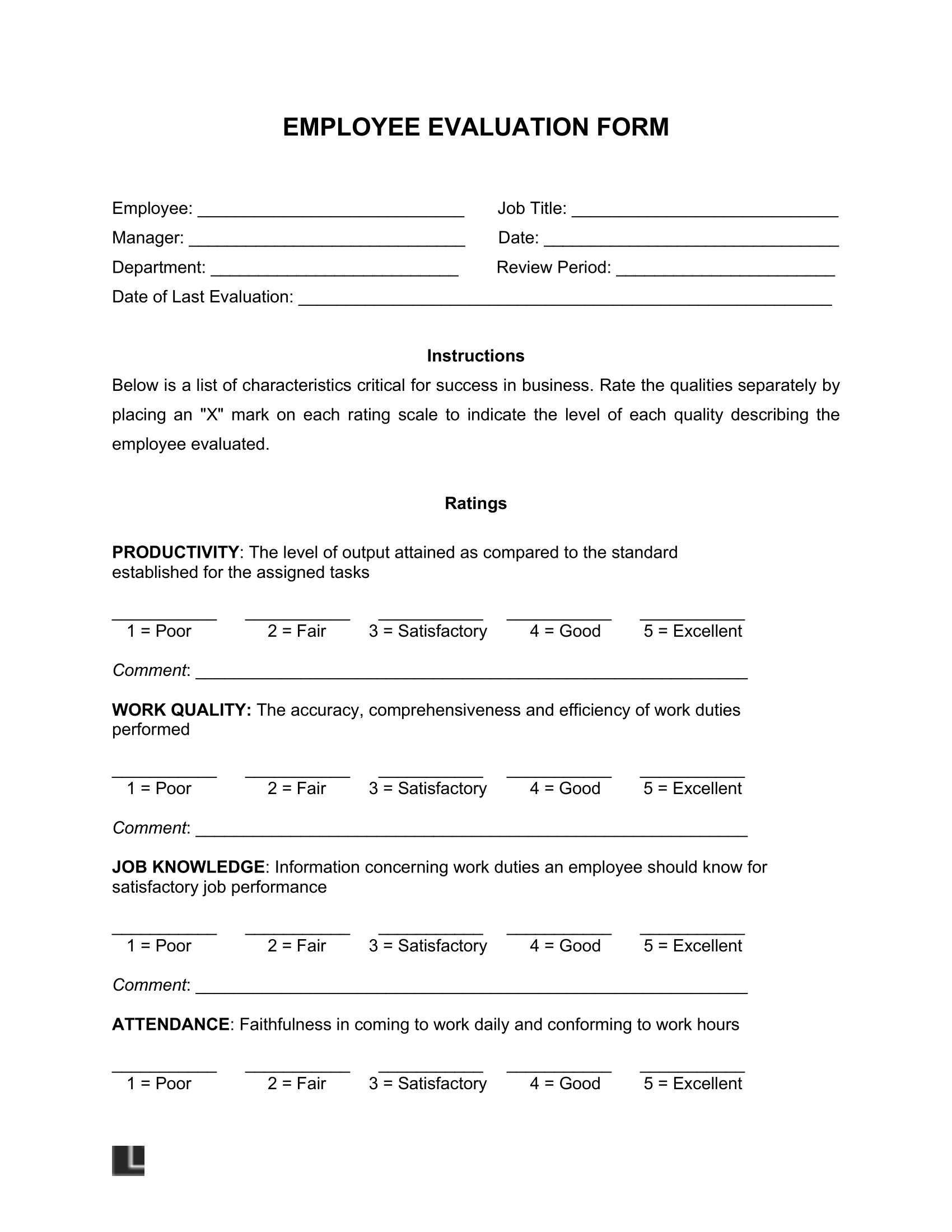 Employee Review Template Free Printable