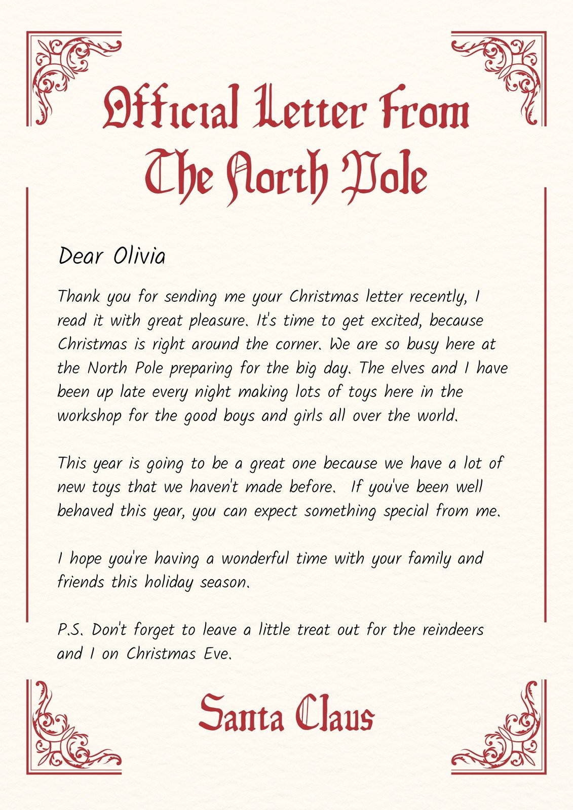 Printable Letter From Santa Template Free