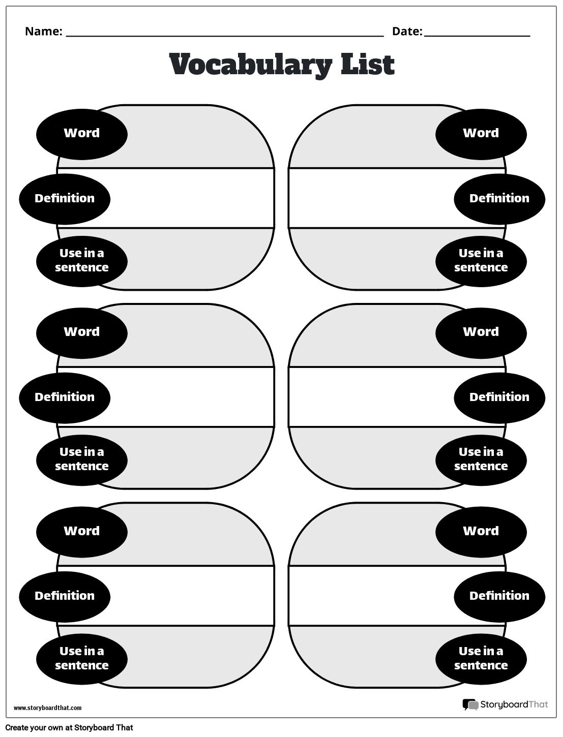 Free Vocabulary Worksheet Templates At StoryboardThat