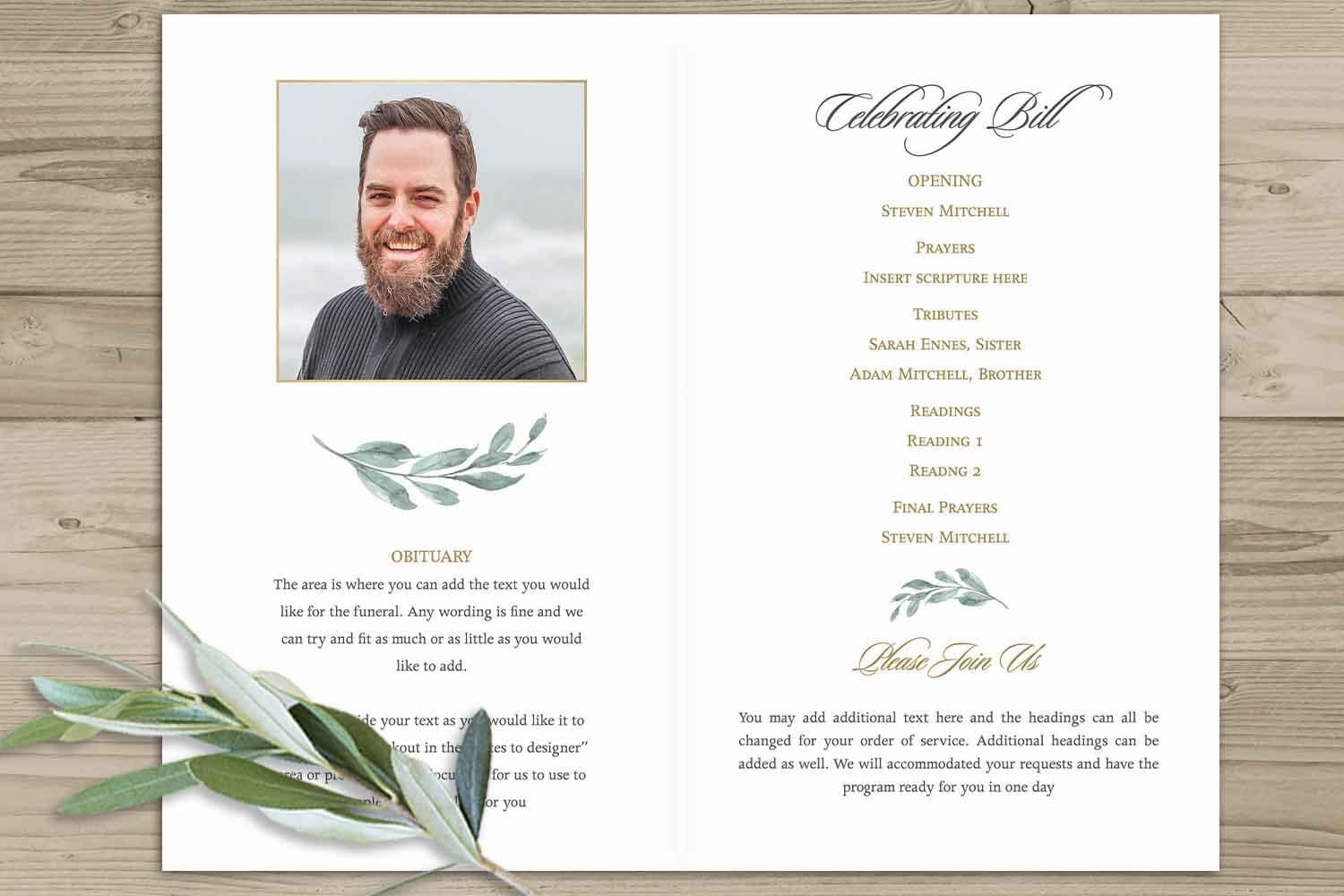 Funeral Program Template Celebration Of Life Obituary Memorial Or Tribute Service Printable Greenery Photo Program MADE TO ORDER Template Etsy de