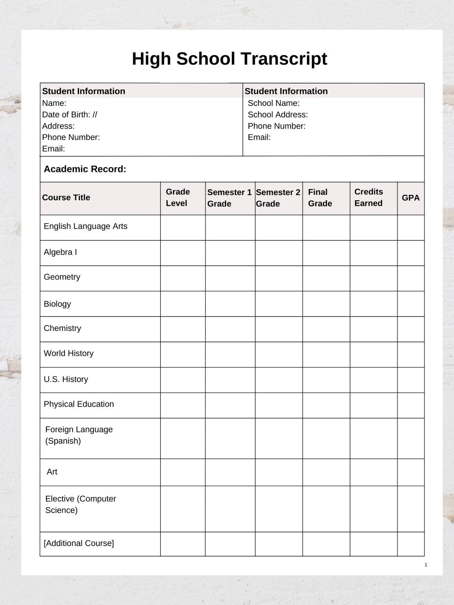 Free Printable High School Transcript Template