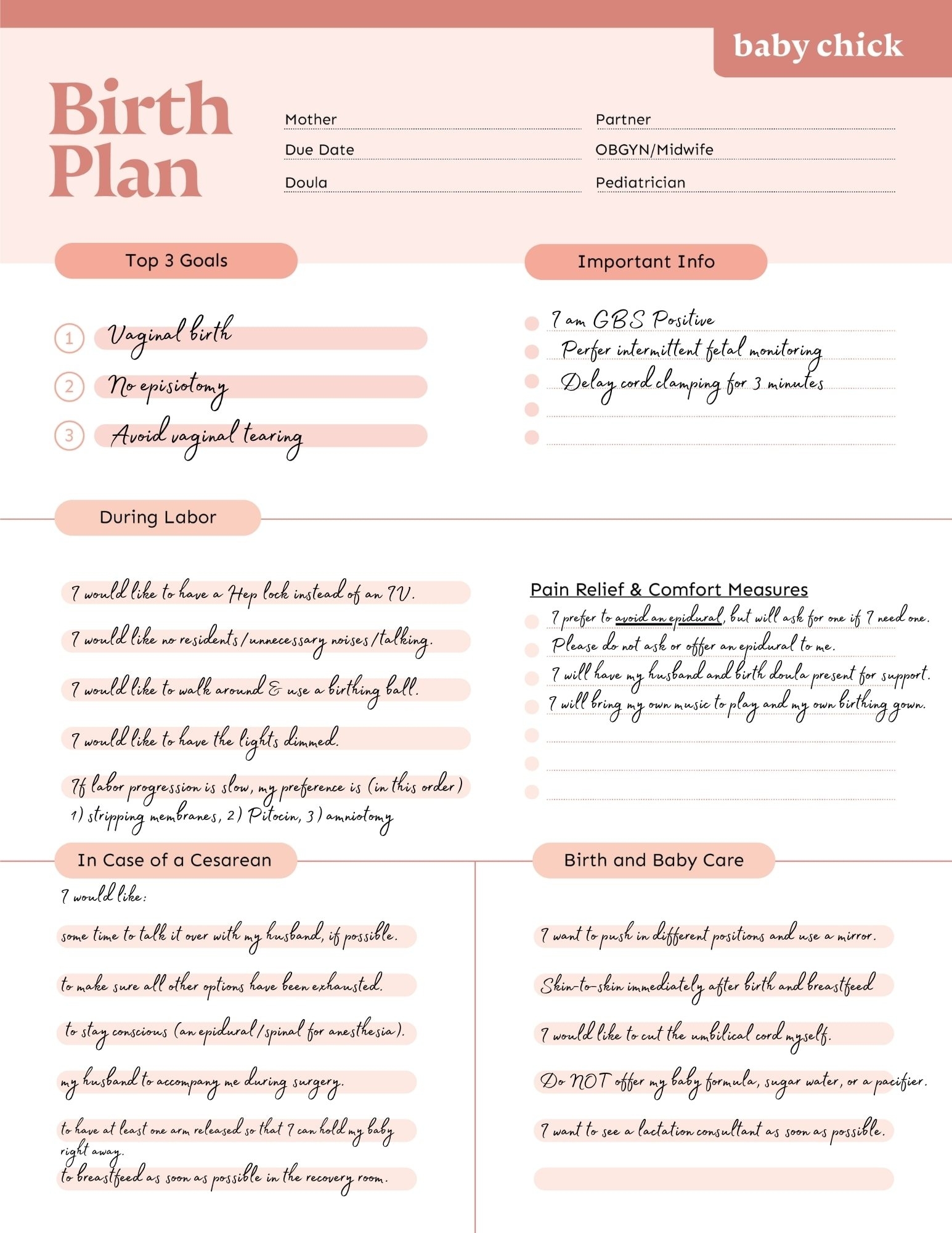 Printable Birth Plan Template Free