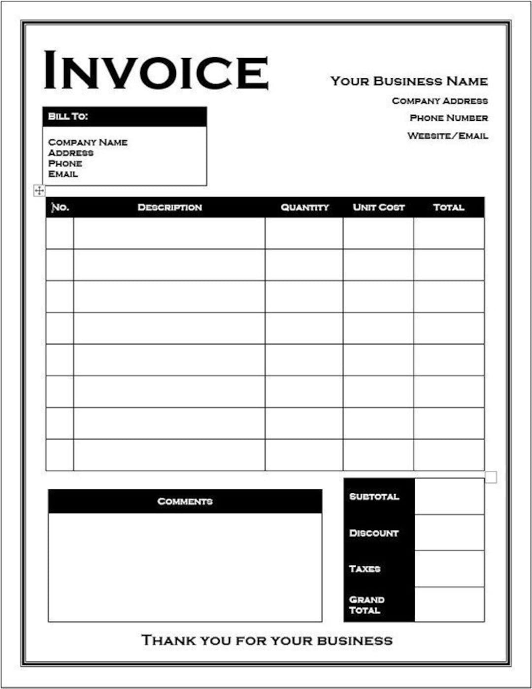 Invoice Template Printable Editable Customizable Microsoft Word Template Black And White Etsy UK