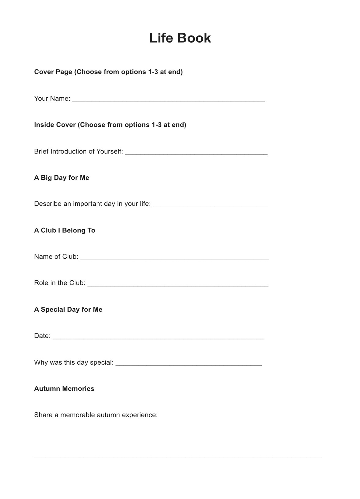 Life Book Template Example Free PDF Download