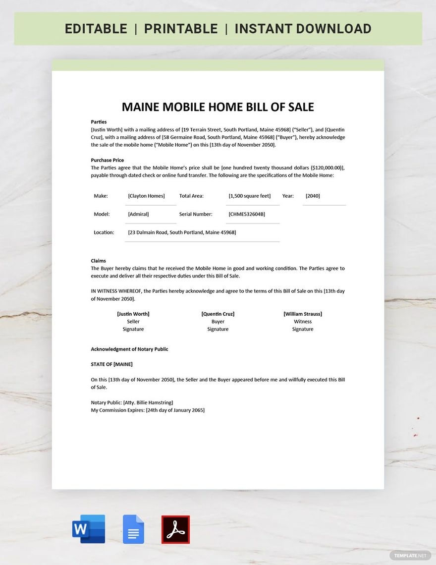 Printable Mobile Home Bill Of Sale Template