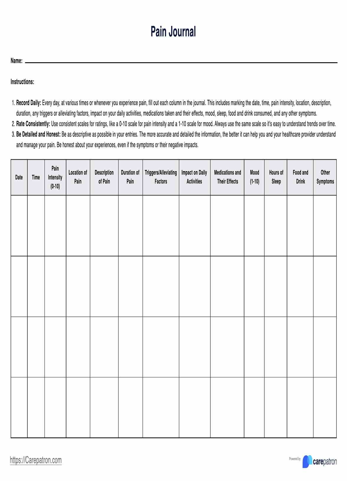 Pain Journal Example Free PDF Download