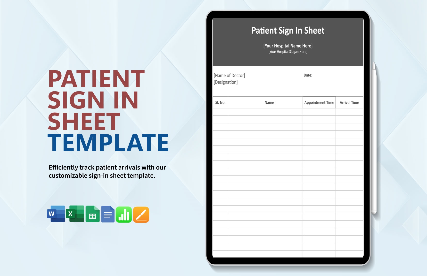 Patient Sign In Sheet Template In Google Docs Apple Numbers Excel Word Apple Pages Google Sheets Download Template