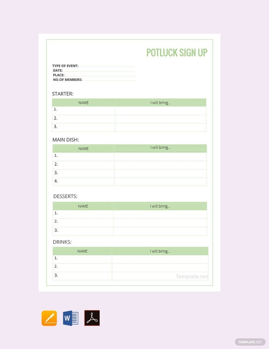 Potluck Sign Up Sheet Template In Pages Word PDF Google Docs Download Template
