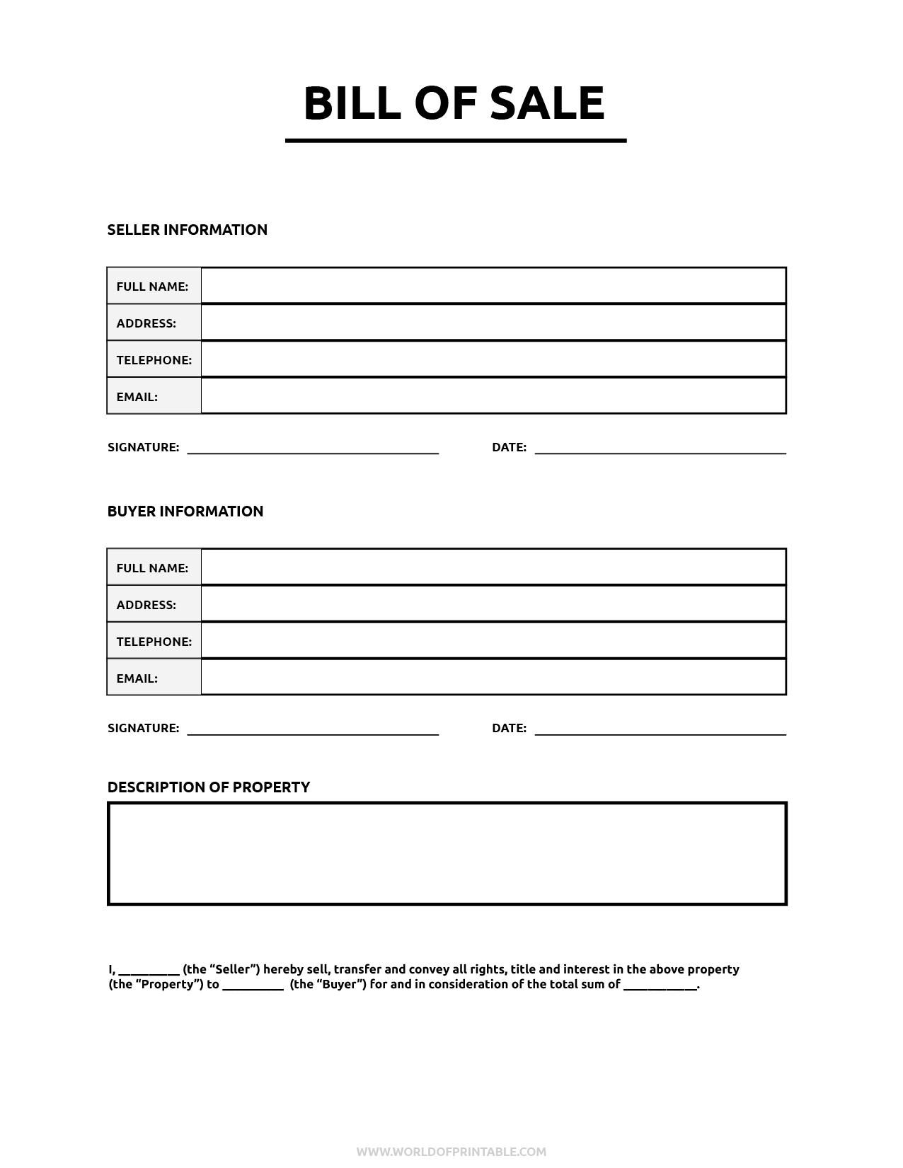 Printable Bill Of Sale Template Word