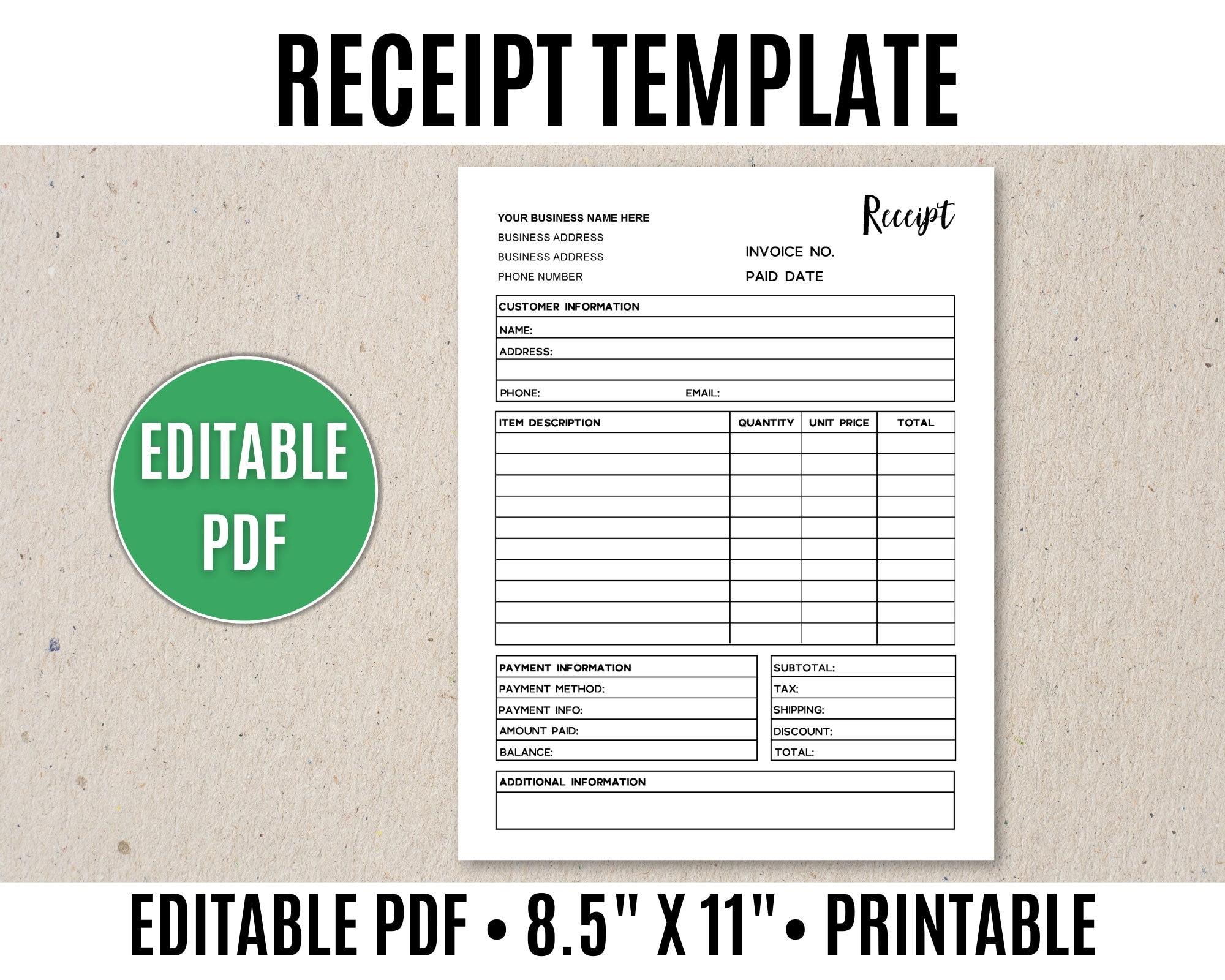 Receipt Template Editable Printable Order Receipt Editable PDF Etsy UK