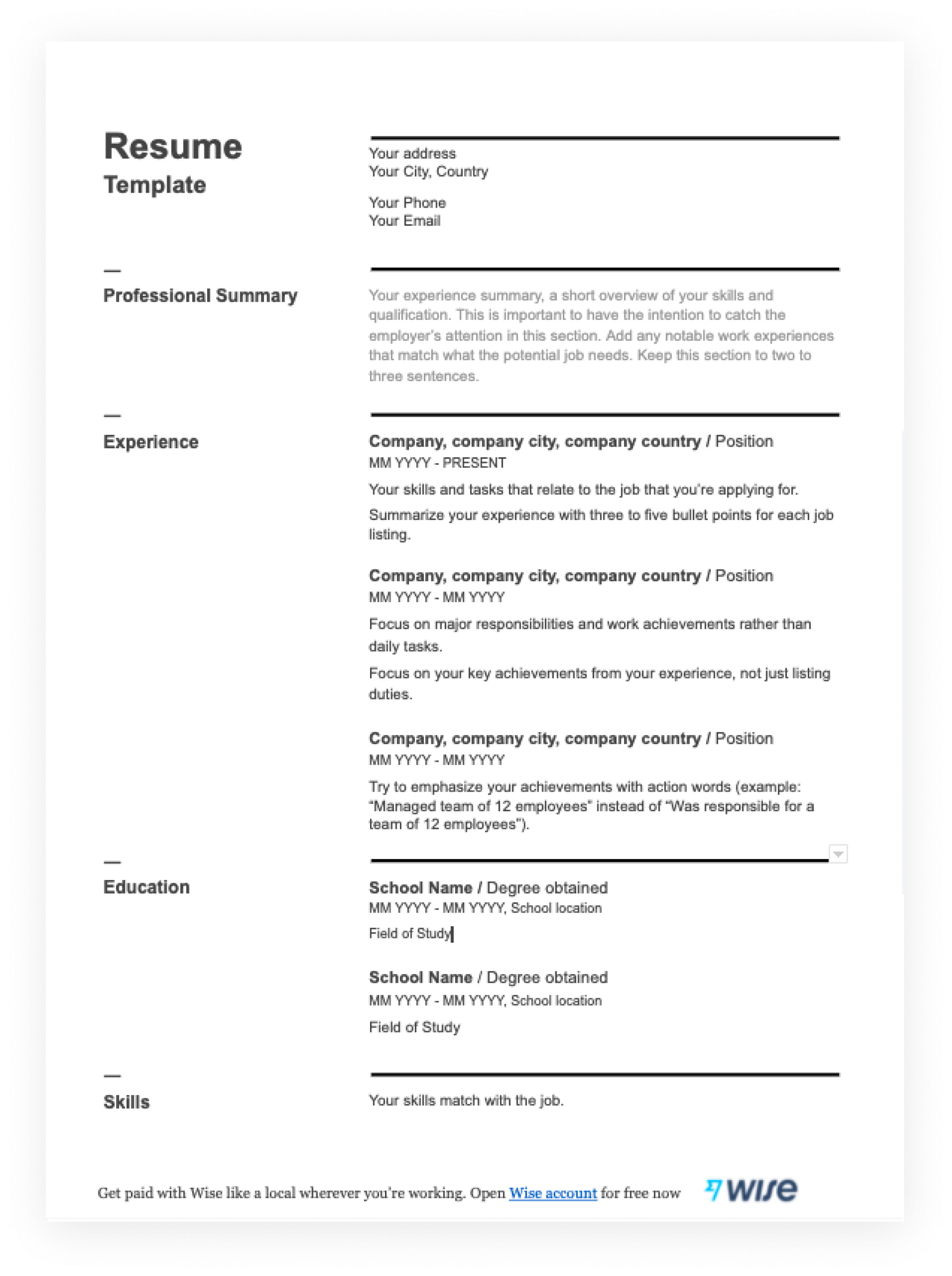 Free Printable Resume Templates