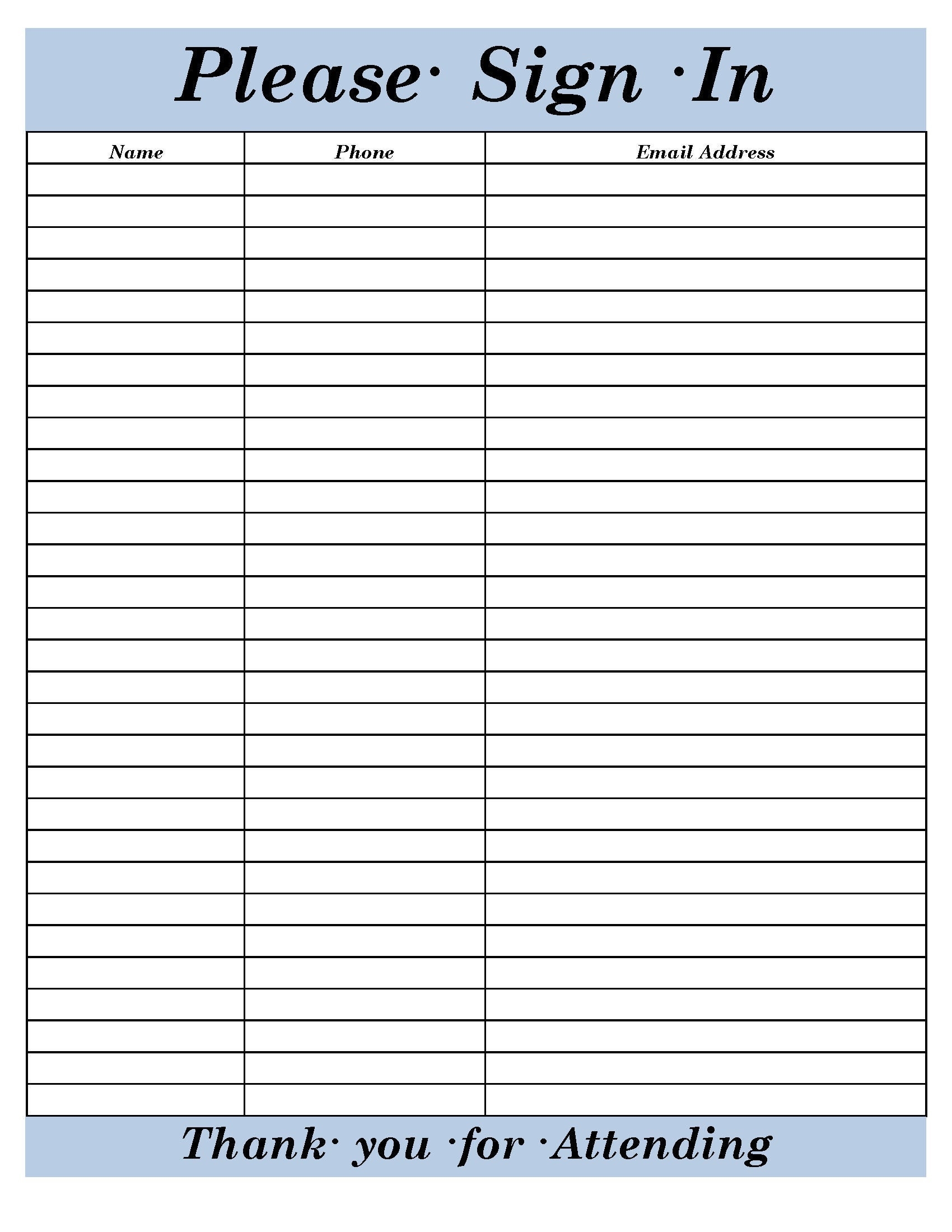 Sign In Sheet Template Free Printable
