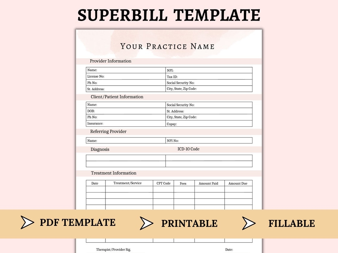Superbill Template For Mental Health Provider Therapist Fillable Printable Therapist Invoice Statement Of Service For Counselors PDF Etsy UK