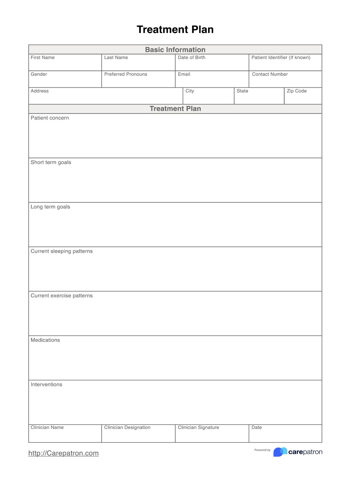 Treatment Plan Template Example Free PDF Download