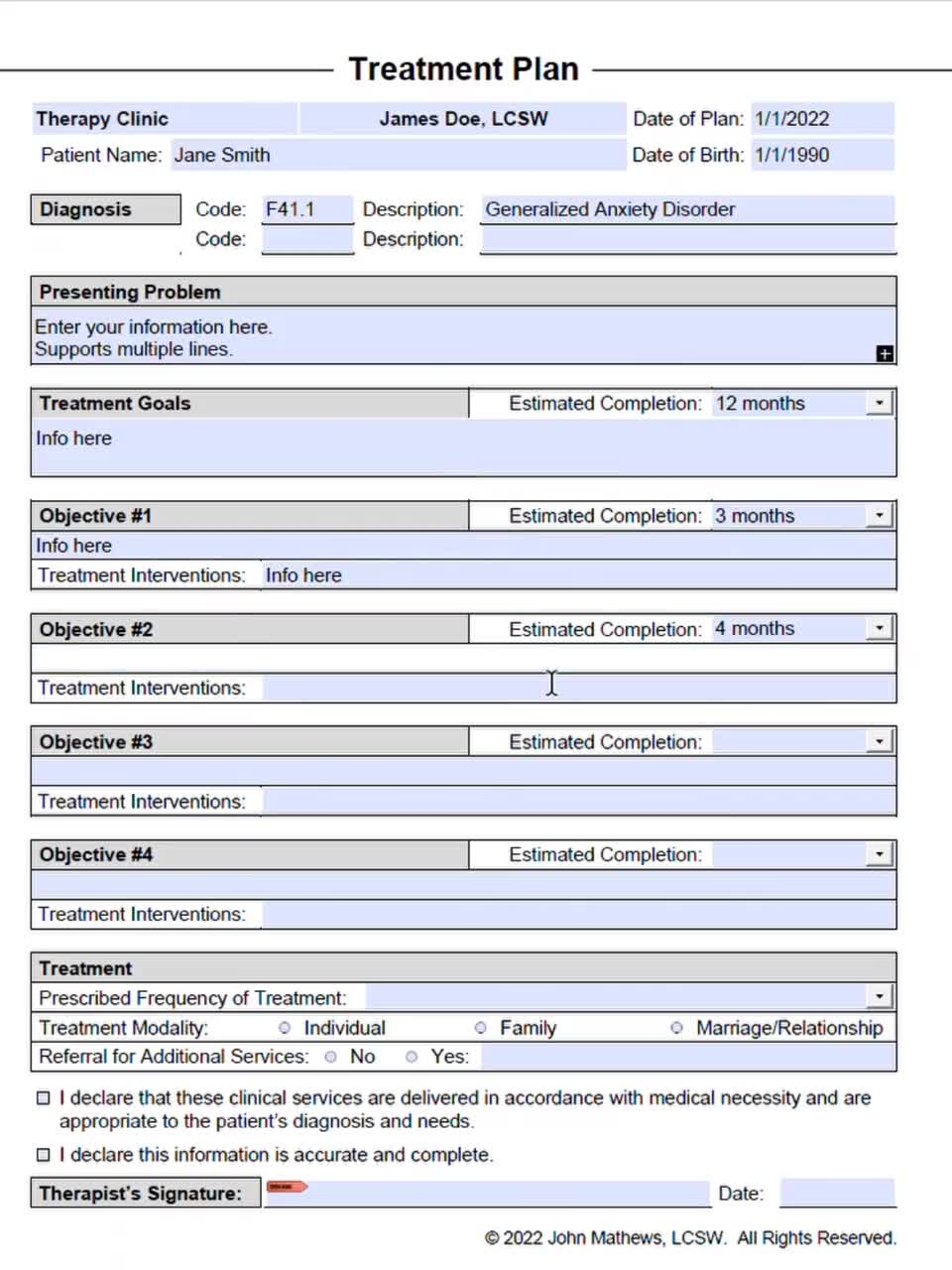 Treatment Plan Template For Therapists PDF Fillable Editable Printable Social Workers Psychiatrists Mental Health Counselors Form Etsy de