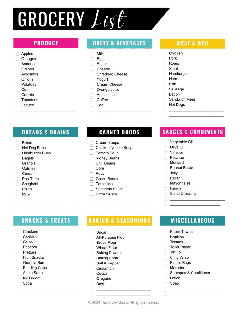 Free Grocery List Template Printable