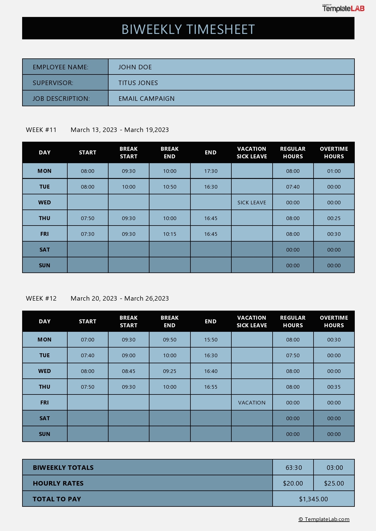 Free Printable Biweekly Timesheet Template