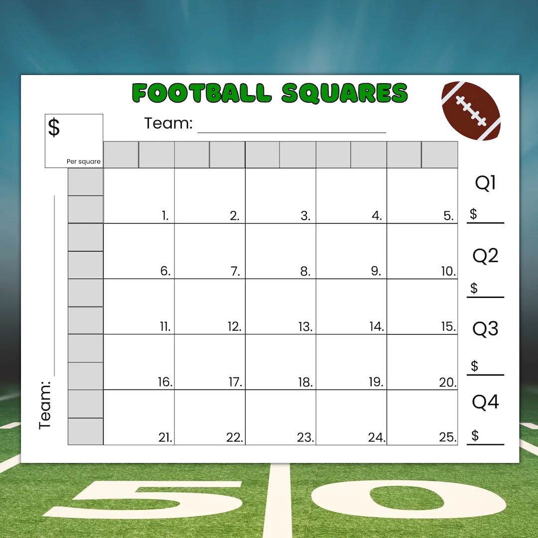 25 Squares Football Squares Game Printable Football Fundraiser Football Betting Game Football Square Grid Etsy