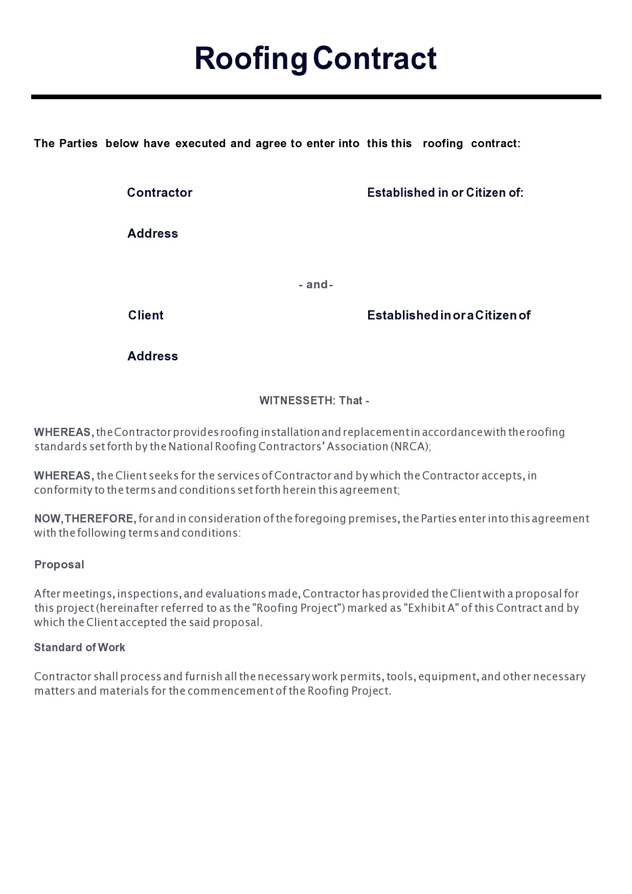 Free Printable Roofing Contract Template