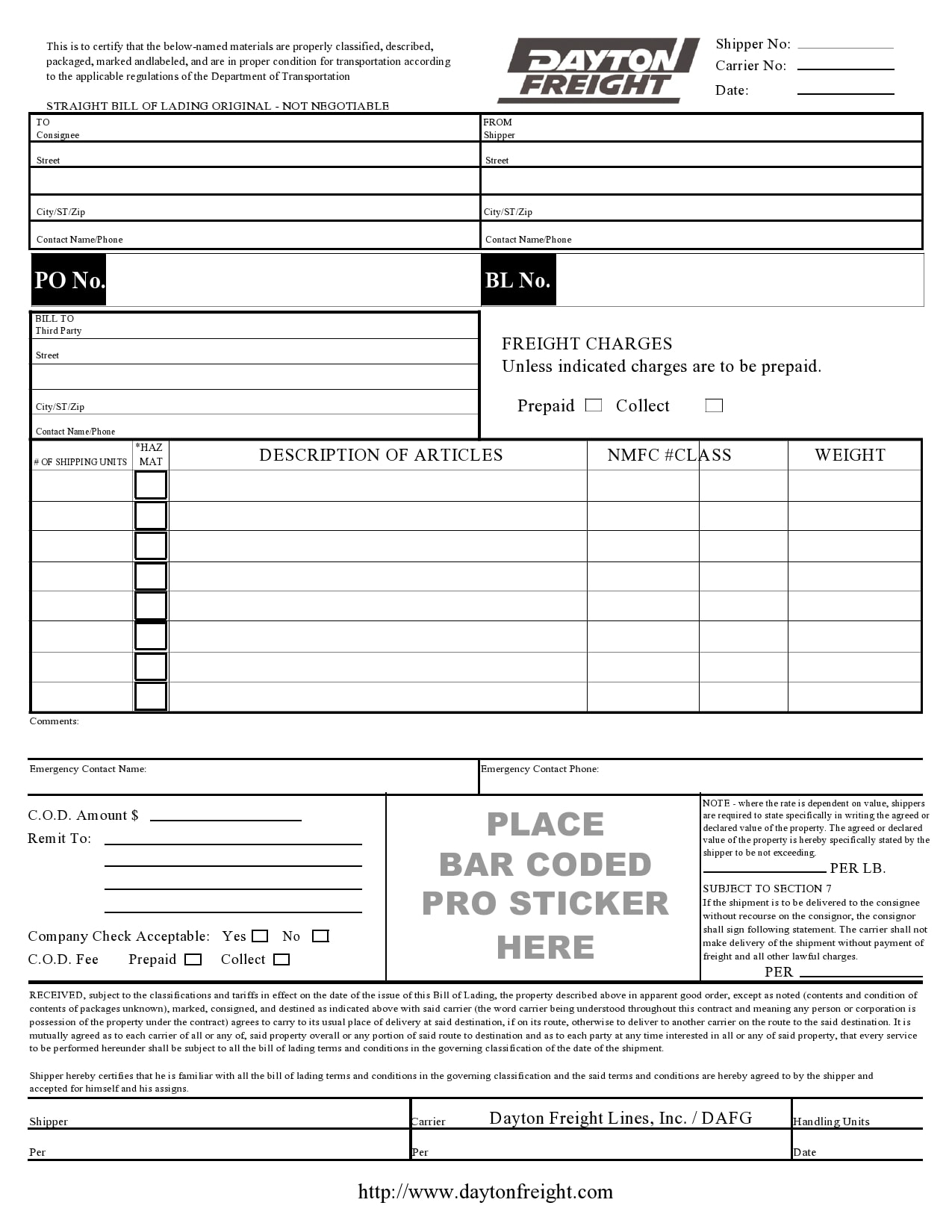 Printable Template Bill Of Lading Form