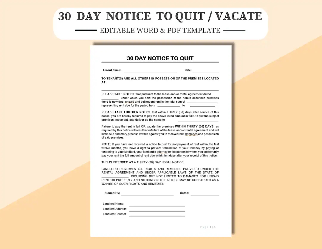 30 Day Notice To Quit Vacate Editable Printable In WORD Adobe PDF Digitally Edit Or Print And Manually Fill In Tenant Notice To Quit Etsy UK
