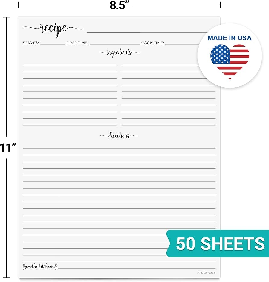 321Done Recipe Paper 8 5x11 White 50 Pack Made In USA Full Page Blank Recipe Paper To Write In Your Own Recipes Minimalist Letter Size Refill Pages For Recipe Binder Recipe Box Recipe Organizer 