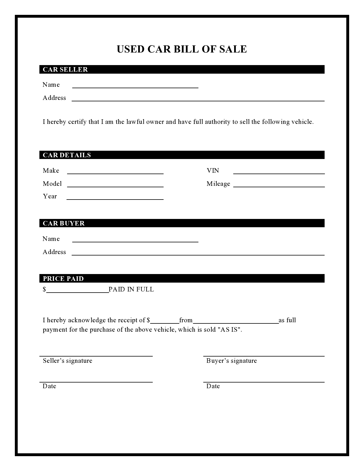 Printable Vehicle Bill Of Sale Template