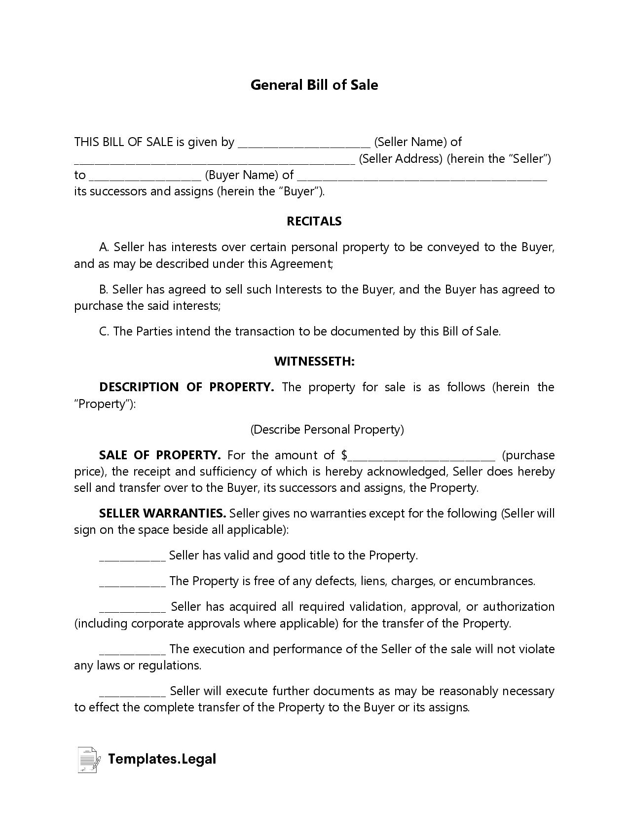 Printable General Bill Of Sale Template Word