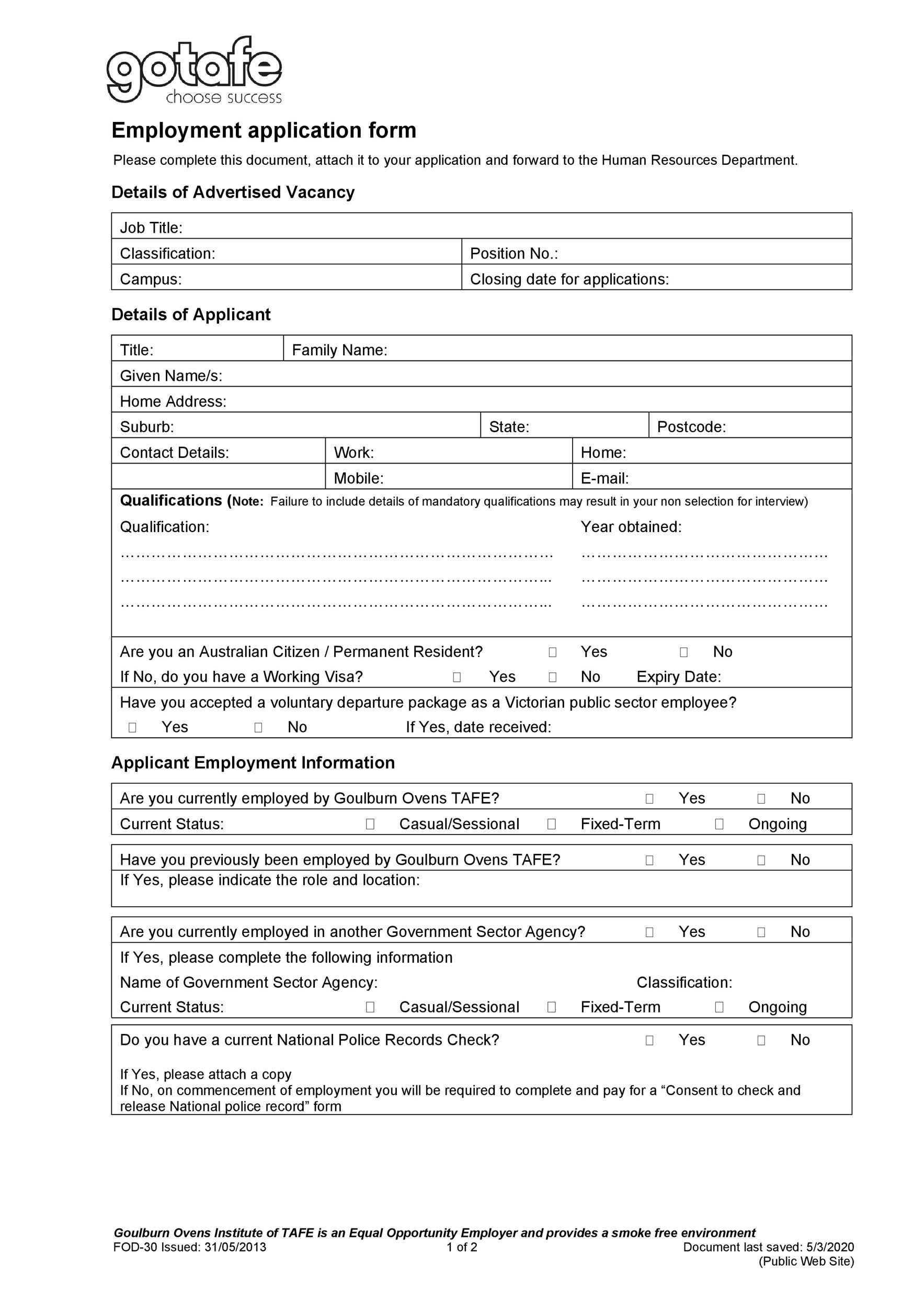Printable Job Application Template Free