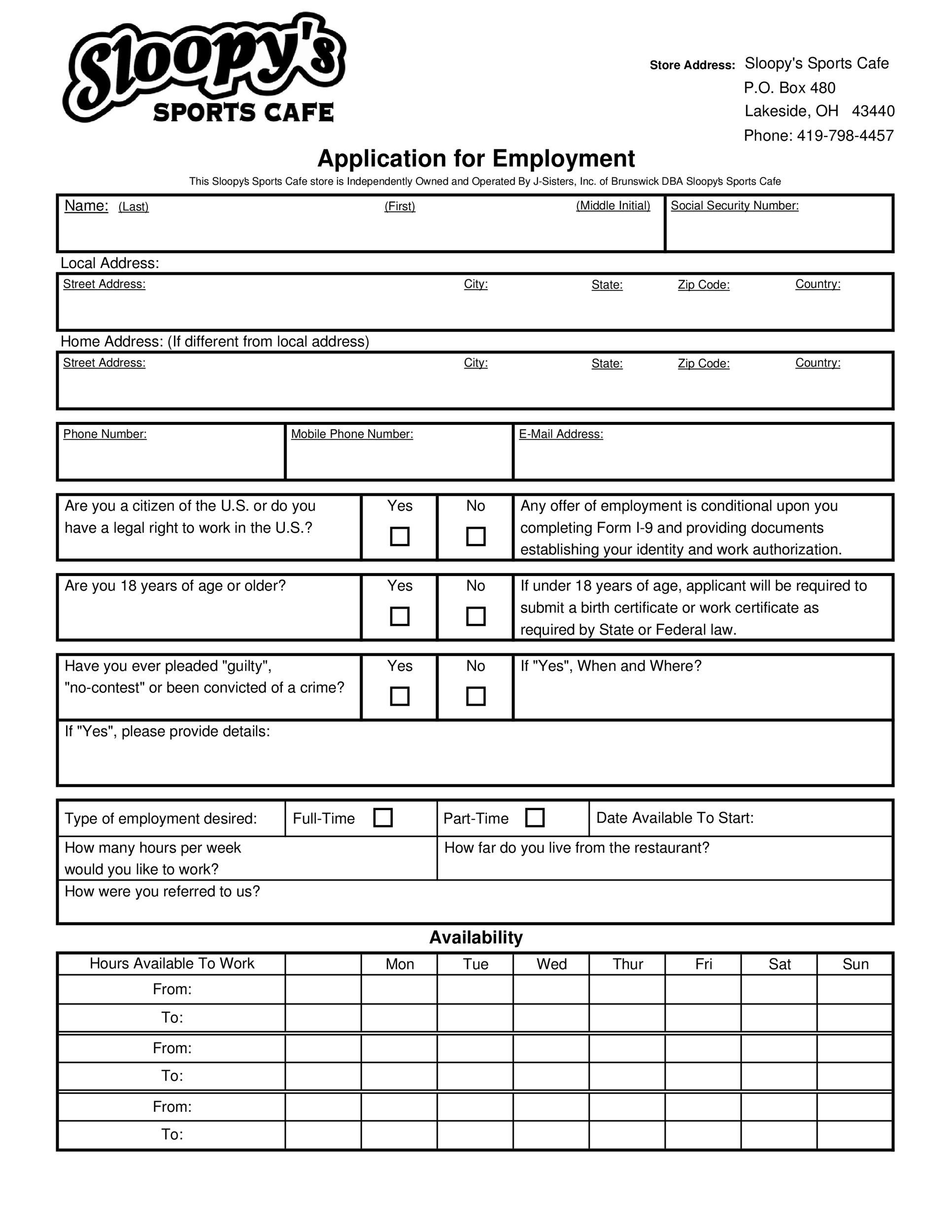 Job Application Template Free Printable
