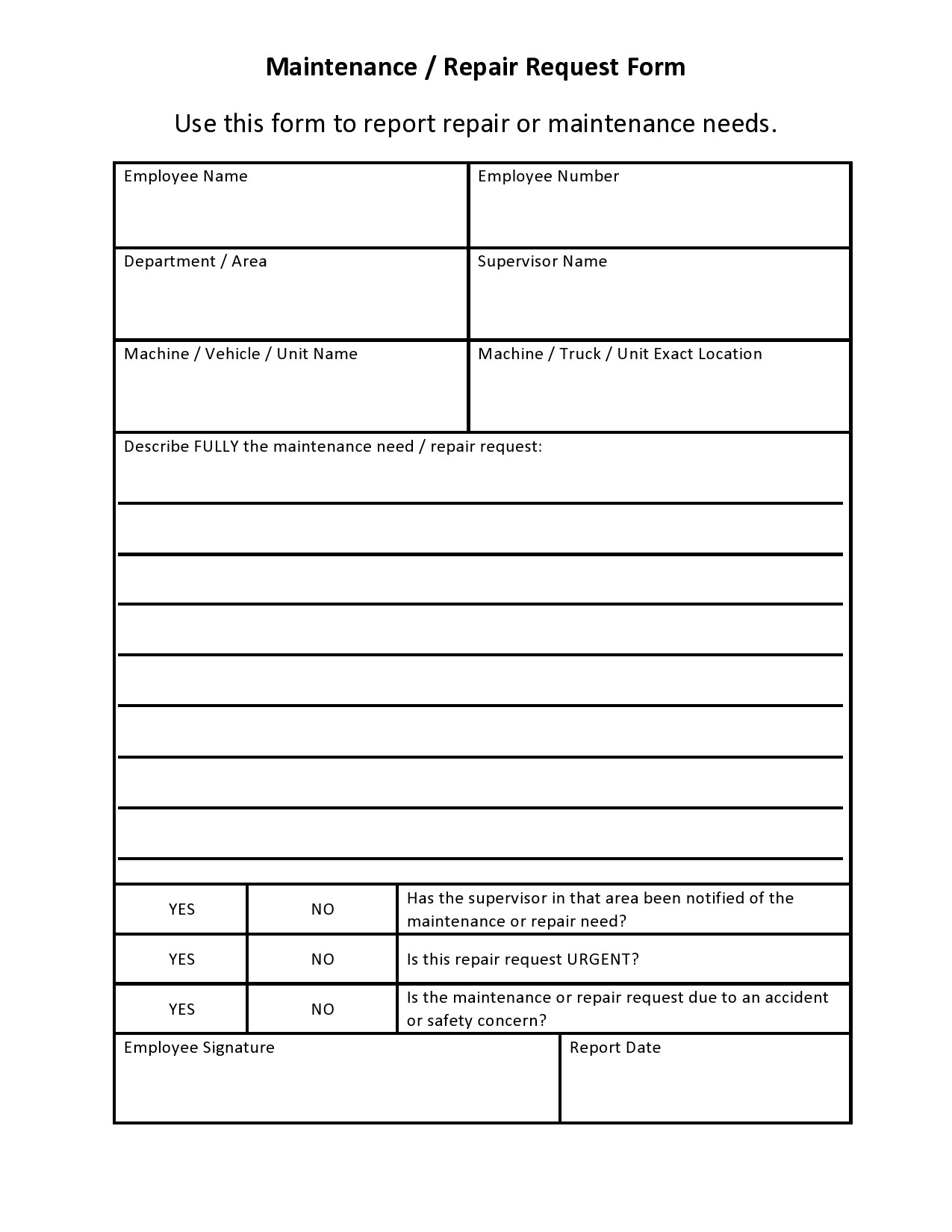 Free Printable Maintenance Request Form Template
