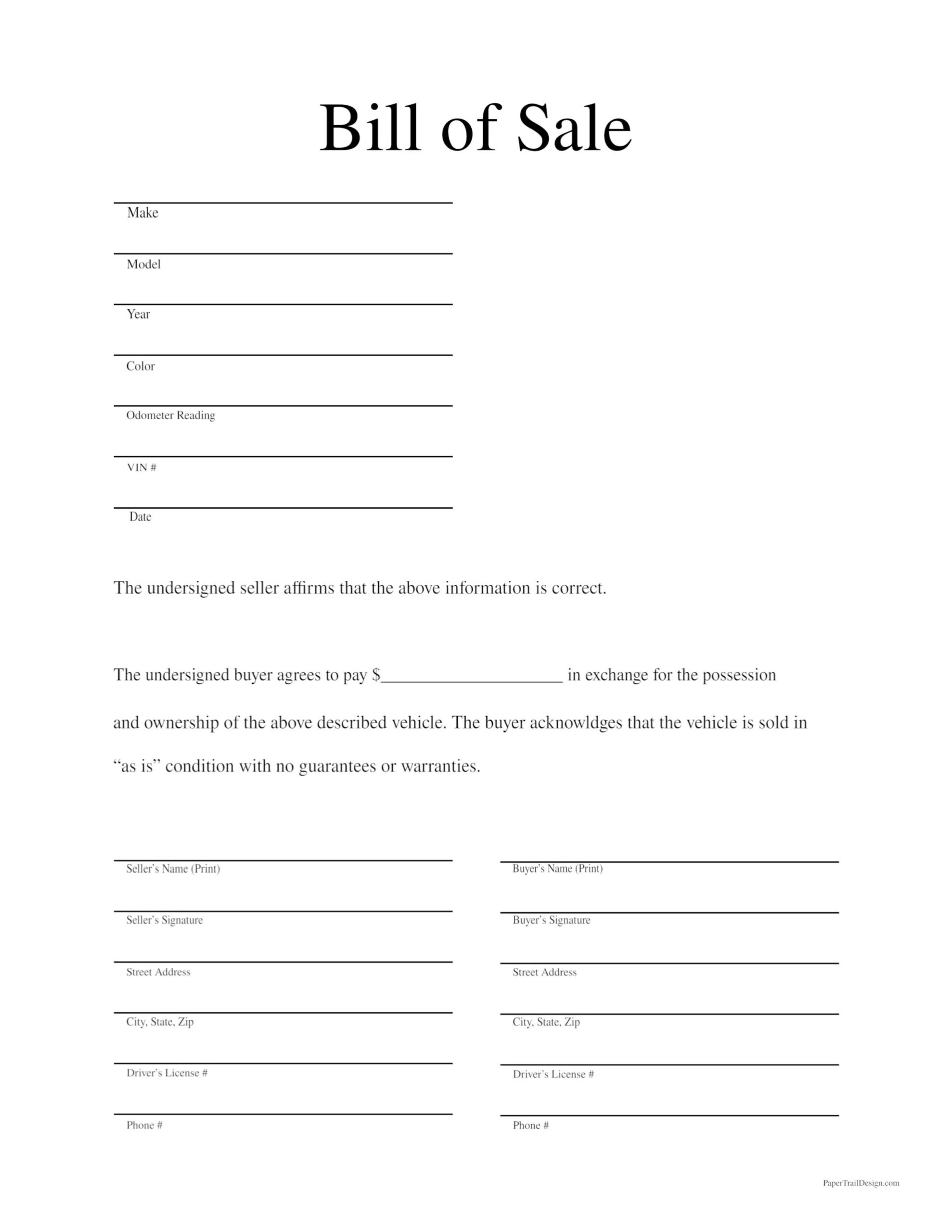 Auto Bill Of Sale Template Project Management Templates