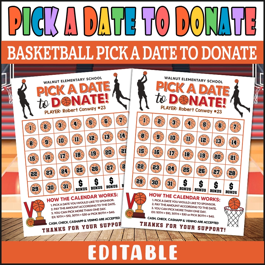 Basketball Pick A Date To Donate Fundraising Calendar Template Fundraiser Donation Template Made By Teachers