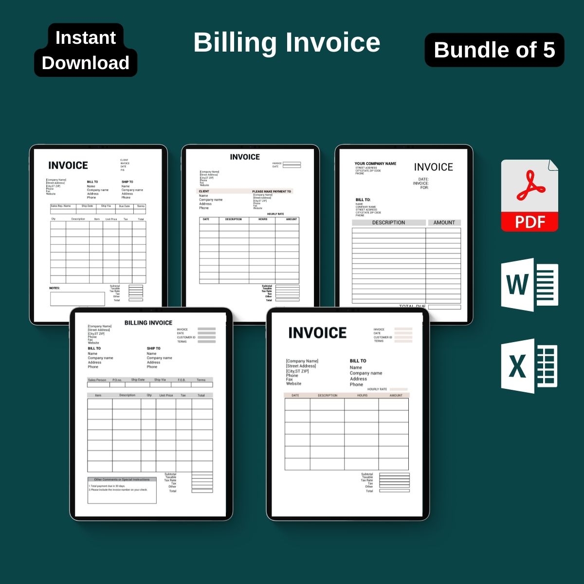 Billing Invoice Template Printable Blank PDF Word Excel